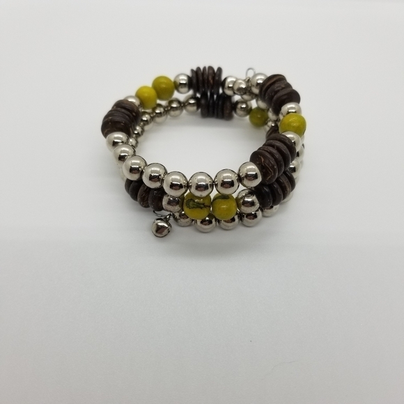 beaded coil wrap bracelet silver brown yellow-green - Picture 1 of 7